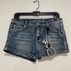 Women's Blue Denim Shorts L short short embroidered embellished rhinestones NWT